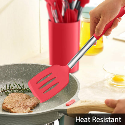 LIANYU 15 Pcs Kitchen Cooking Utensils Set with Holder, Silicone Kitchen Tools with Stainless Steel Handle, Heat Resistant Gadgets, Brush Spatula Spoon Whisk for Cookware, Dishwasher Safe, Khaki