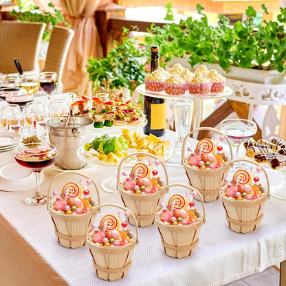 10 Pack Small Wooden Gift Basket, 4 x 4.7 Inch Round Woven Fruit Baskets Bulk, Mini Picnic Baskets with Handle for Easter Garden Picking Berry Vegetable Flower DIY Craft Wedding Party Home