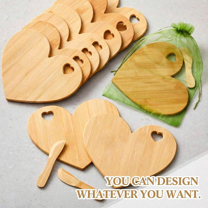 Nuenen 50 Pcs Mini Wooden Charcuterie Board Bulk, Small Wood Cutting Board for Crafts Laser Engraving with Knives Organza Bags Wedding Baby Shower Favors Gift (Square,Bamboo Color)