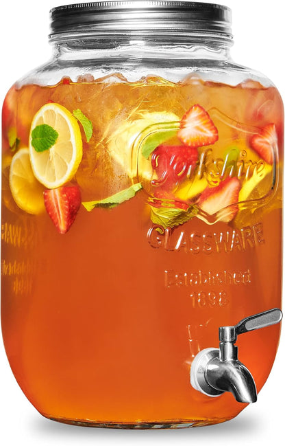 FineDine Glass Drink Dispenser with Stand & Stainless Steel Spigot – 1 Gallon drink dispensers for parties, glass beverage dispenser Set, punch bowl for Lemonade, Juice, Infused Water & More, 2 Pack