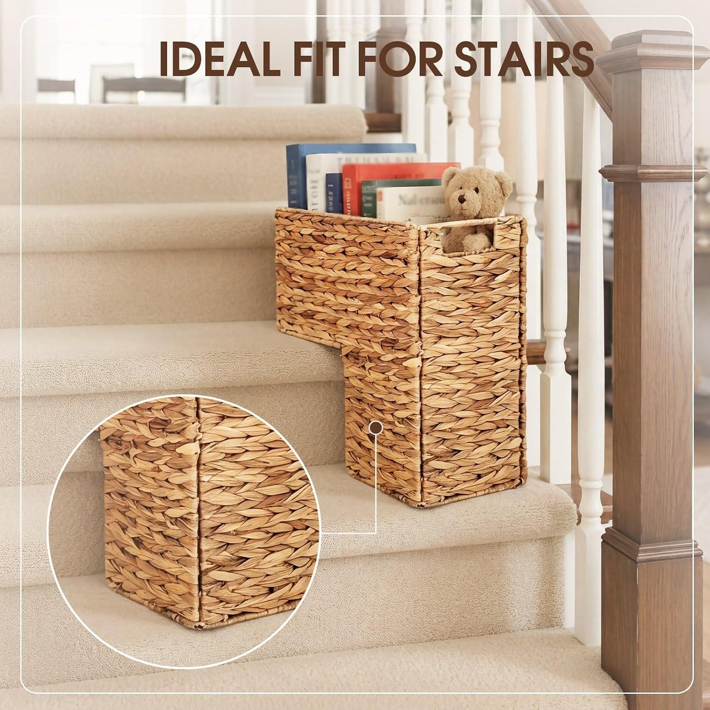 Cinnvoice 2 Pack Stair Storage Baskets 15'' Water Hyacinth Carpeted Wooden Step Bins with Handles for Toys Books Staircase Storage Home Organization