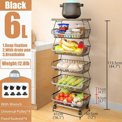 MURRI&MURRDI Fruit Vegetable Storage Basket with Wooden Lid, 6 Tier Stackable Wire Kitchen Cart with Wheels, Tall Produce Snack Racks Display, Narrow Rolling Cart for Pantry Onion Potato, Black