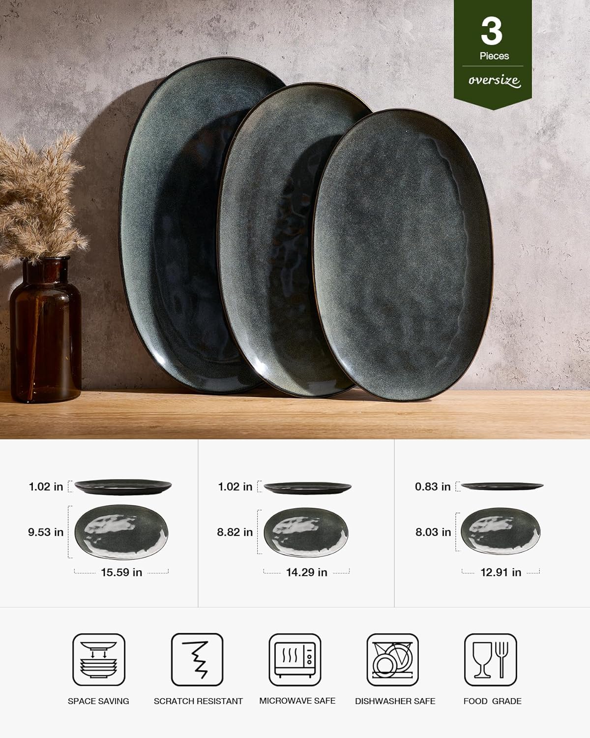 famiware Serving Platter, Oval 15.59/14.3/12.9inch Serving Dishes for Entertaining, Serving Bowls, Microwave Safe, Stoneware Serving Trays for Party, Food, Turkey, Cheese, Ocean Series, Vanilla White