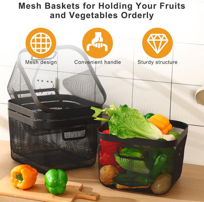 MorningRo 6 Pack Metal Mesh Basket with Hollow Handles Black Wire Storage Bin for Organizing Stackable Metal Fine Mesh Basket for Pantry Bathroom Kitchen Cabinets Shelves (Medium)