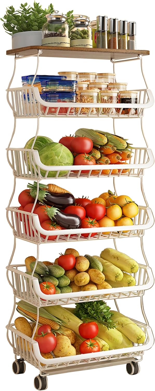 MURRI&MURRDI Fruit Vegetable Storage Basket with Wooden Lid, 6 Tier Stackable Wire Kitchen Cart with Wheels, Tall Produce Snack Racks Display, Narrow Rolling Cart for Pantry Onion Potato, Black