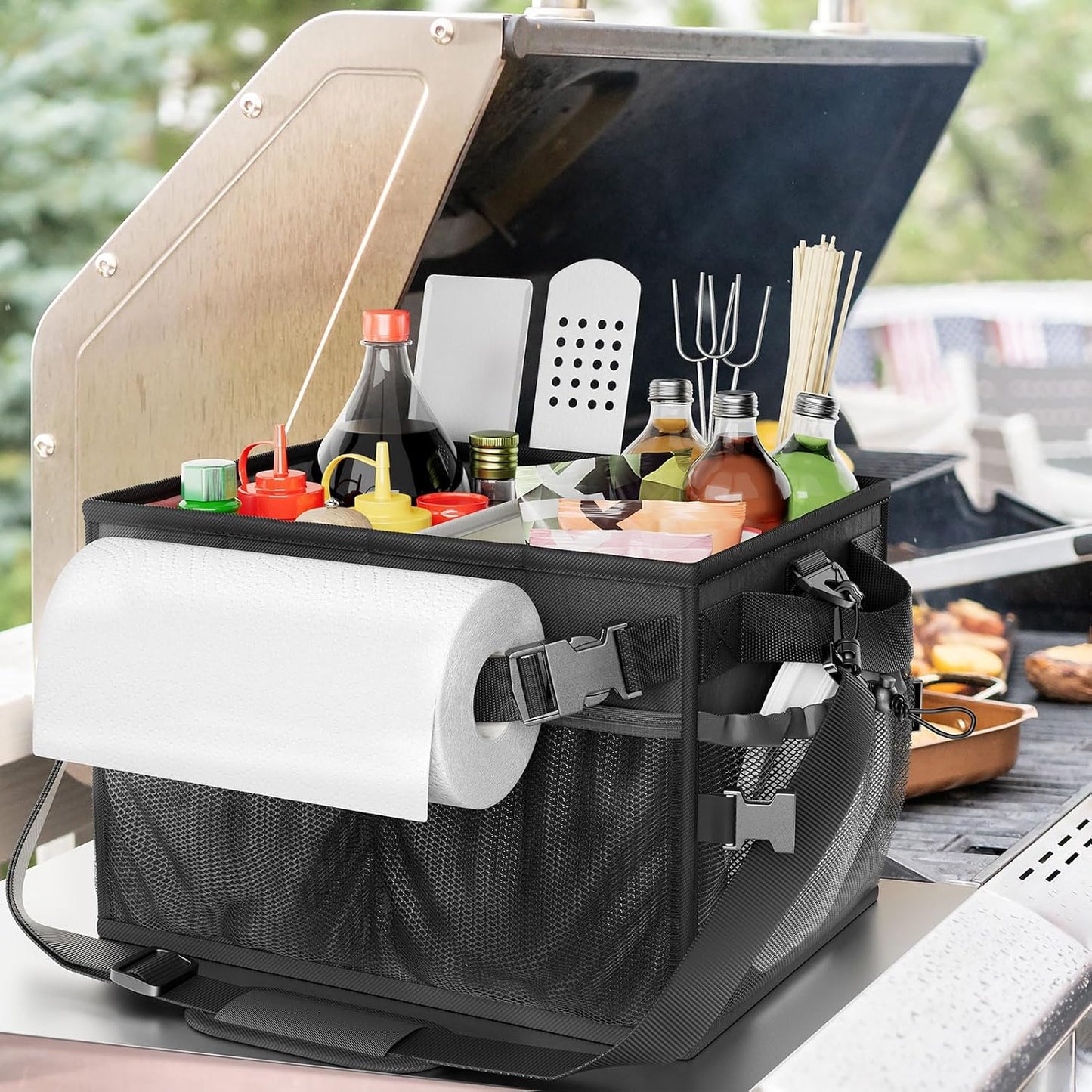FANGSUN Black Grill Caddy, BBQ Organizer with Lid & Paper Towel Holder, Picnic Griddle Caddy for Outdoor Camping, Barbecue Accessories Organizer, 32L Capacity, Black