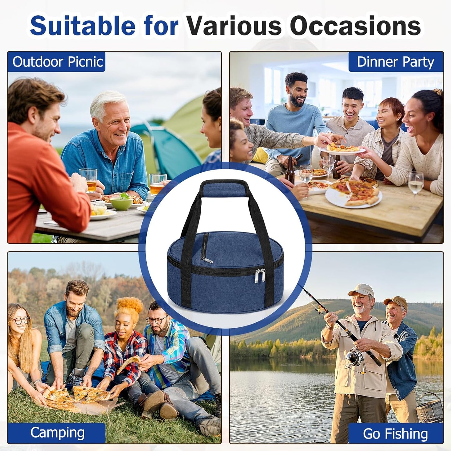 Round Insulated Casserole Carrier – 12" Portable Pie Carrier Bag for Hot or Cold Food, Leakproof Thermal Lunch Tote with Handle for Parties Picnic & Travel - Grey