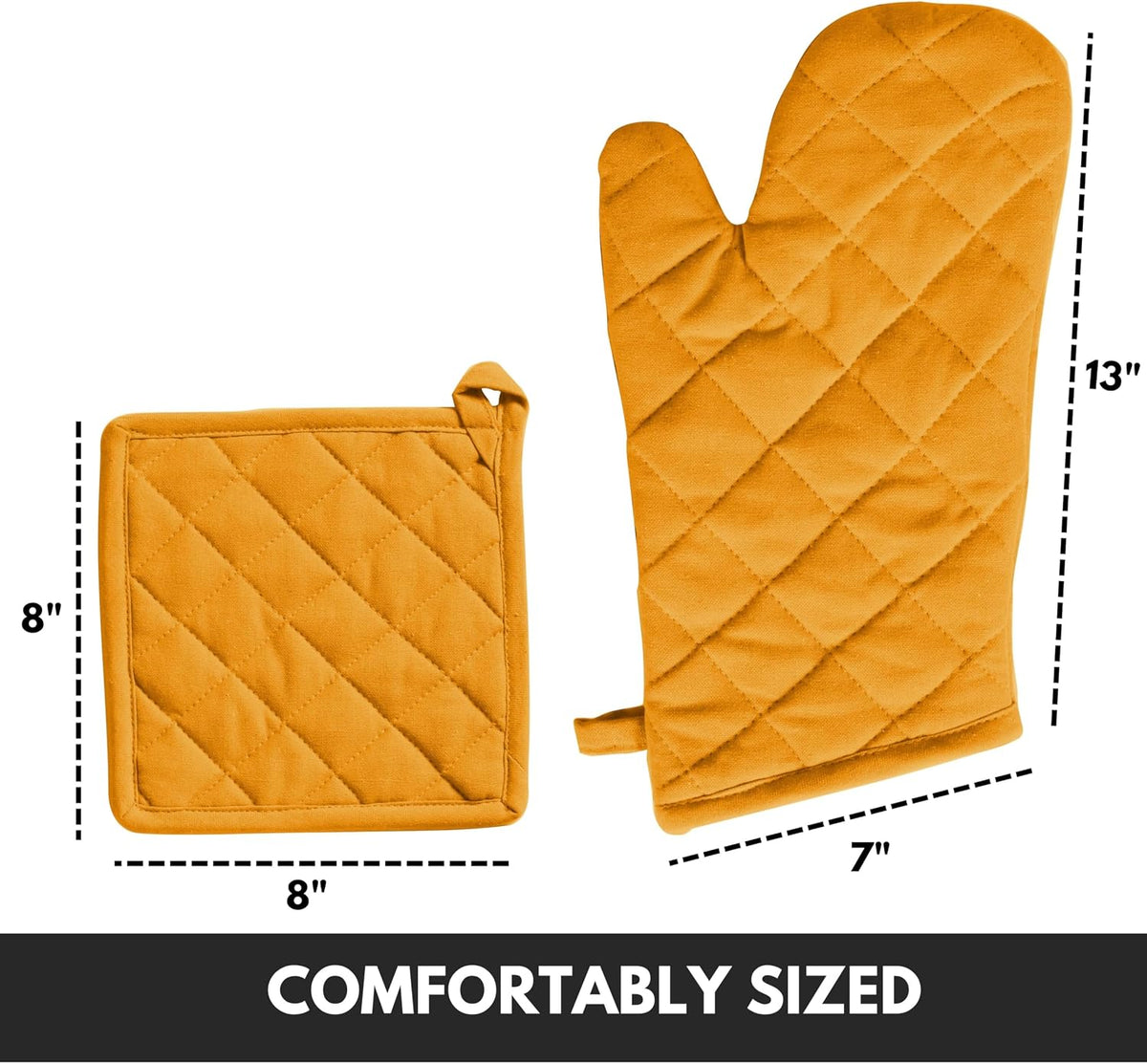 Oven Mitt (7"x13") & Pot Holder (8"x8") 100% Cotton Set of Heat Resistant Oven Gloves & Hot Pads for Gifts, BBQ, Cooking, Baking, Thanksgiving - Mustard Yellow