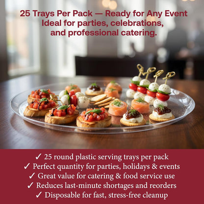 Smarty Had A Party 12 Inch Black Round Plastic Serving Tray – Heavy-Duty Party Platters & Catering Trays, Reusable or Disposable Plastic Trays for Serving Food, Elegant Party Tray Set of 25