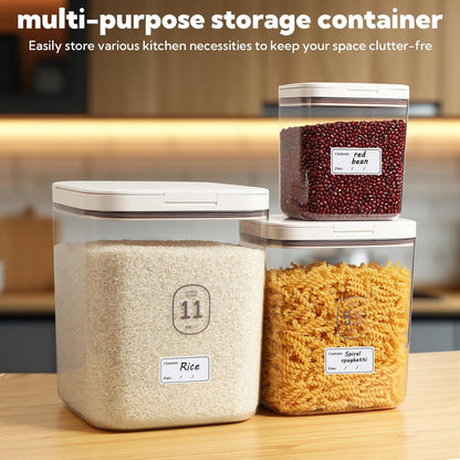3 Pack Rice Storage Container 11.6 QT/5.8 QT/2.1 QT Flour Dispenser with Measuring Cup and Label Stickers for Kitchen Pantry Organization Storage Bins with Pop-up Lid for Food for Pasta Sugar Cereal