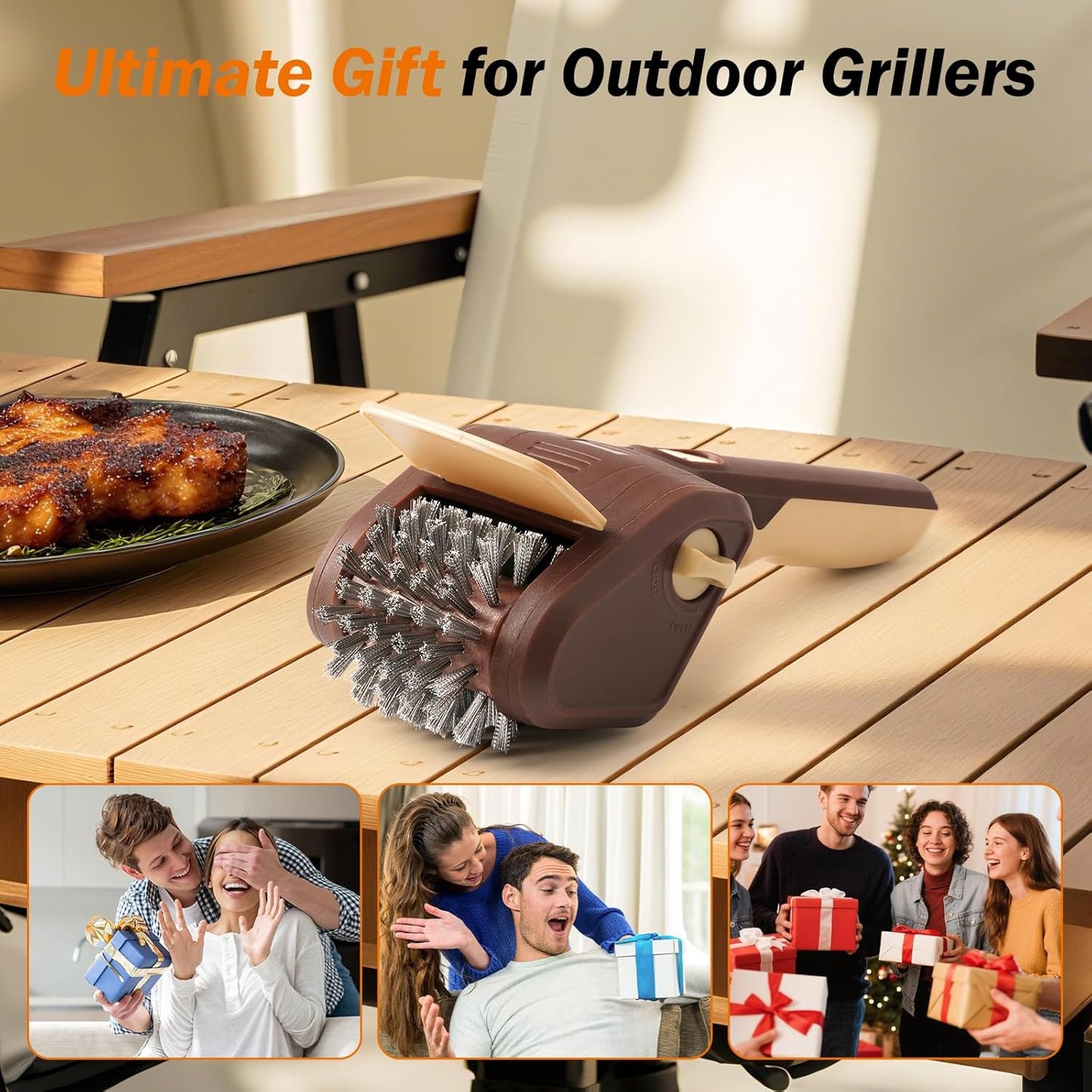 Electric Grill Brush for Outdoor Grill, Cordless Electric BBQ Grill Cleaner, Rechargeable Grill Cleaning Stainless Steel Brush, Grill Scraper, BBQ Accessories Brown