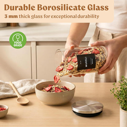 EDELHAUS 2x Large Glass Storage Containers with Airtight Black Lids [135oz/4000ml] | Extra Thick Glass Canisters for Pantry + 63 Labels | Flour Rice Cereal Sugar Coffee Beans Tea