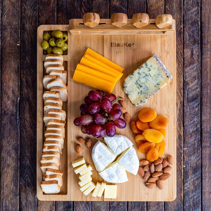 Bamboo Cheese Board and Knife Set – 14 inch Round Charcuterie Board, Serving Tray, Platter, Wood Cheeseboard Set with Slide-Out Drawer – BlauKe®