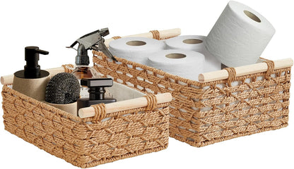 DECOMOMO Wicker Storage Baskets, Handwoven Pantry Baskets, Water Hyacinth Storage Baskets w/Chalkboard and Marker (Natural, Set of 2)