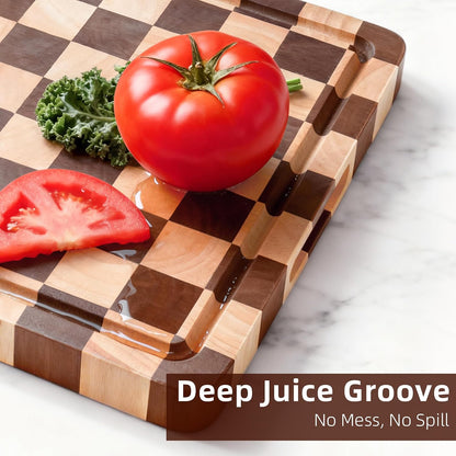 Cutting Board Set of 2 – Checkered Wood & Acrylic Cutting Board with Counter Lip for Kitchen Counter, Wood Checkerboard Chopping Board with Juice Grooves for Vegetables, Fruits, Meat