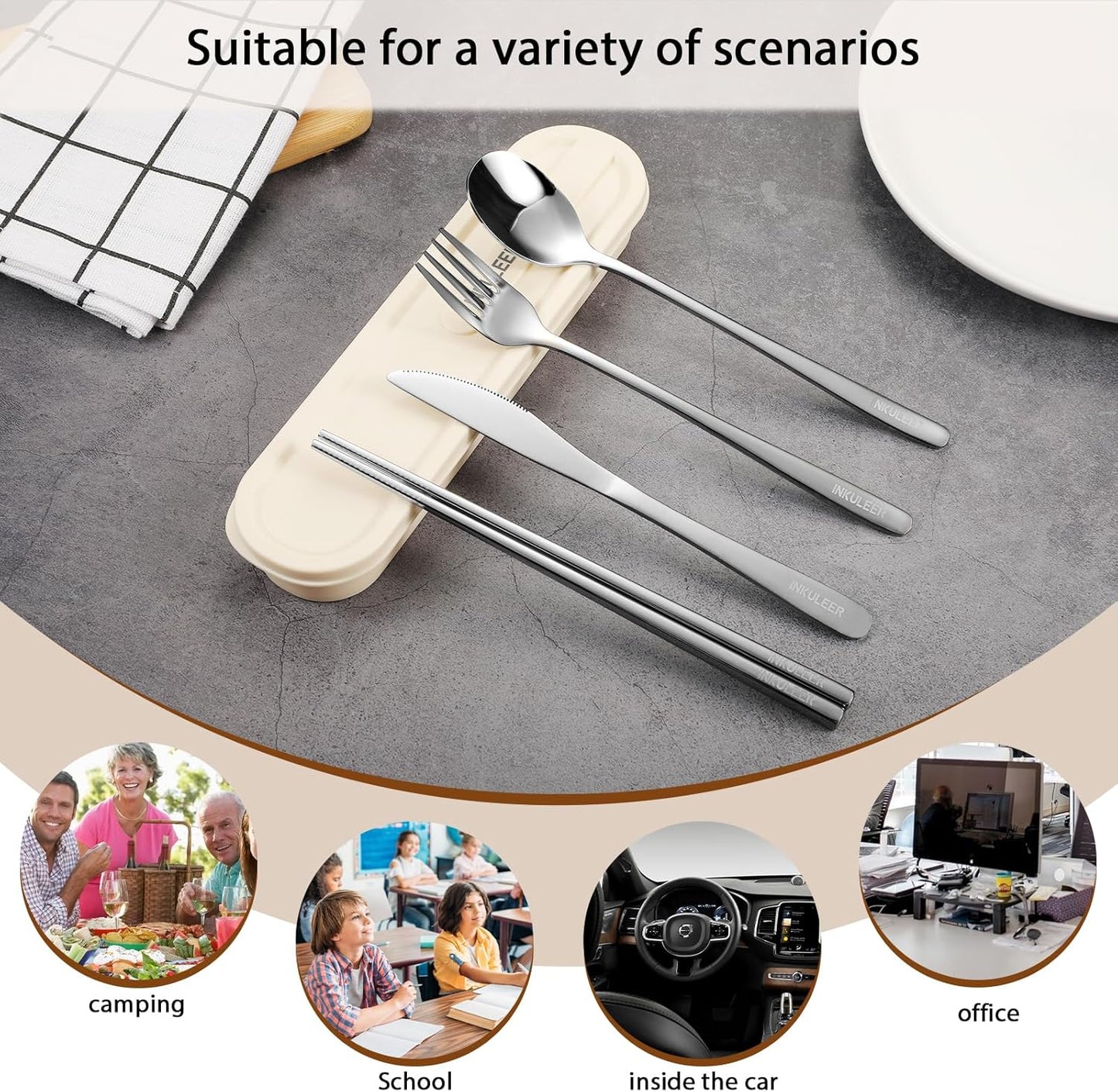 iNKULEER Travel cutlery set, 18/8 stainless steel cutlery, Reusable utensils set with case, Portable Silverware Lunch Box for Camping and Office (Pink)