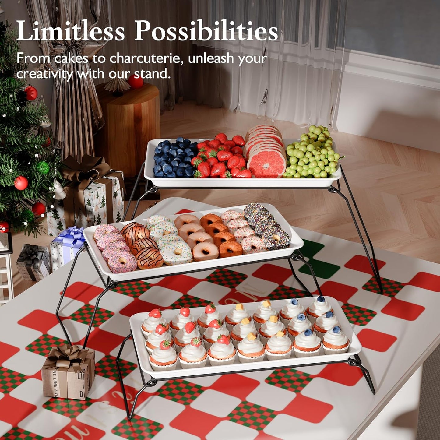 3-Tier Melamine Serving Tray Set, 11.5" x 5.6" Platters for Serving Food, Black Reusable Trays with Black Metal Display Stand for Cupcakes, Sevring Food, Dessert, Fruit, Cookie, Gold