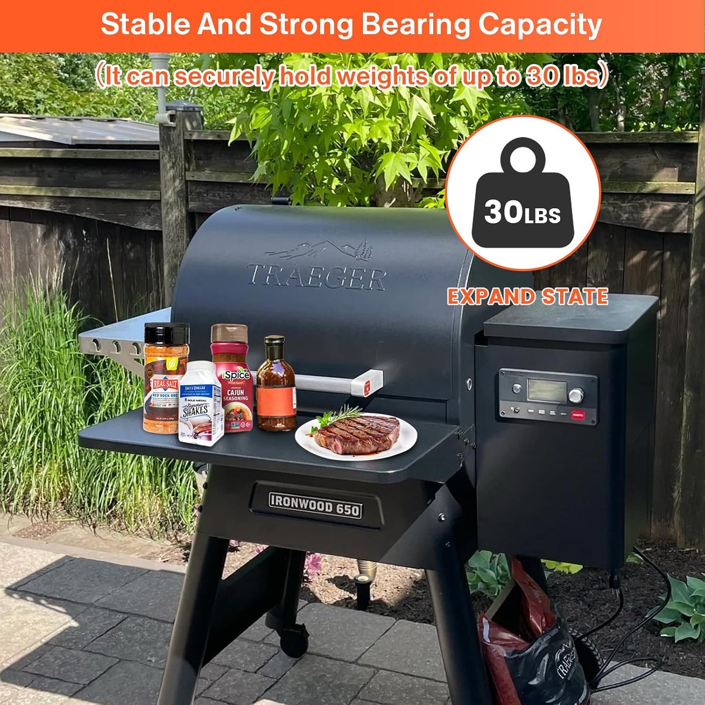QuliMetal Folding Front Shelf for Traeger Pro 34, Texas Elite 34, Century 885 and Eastwood 34, 37" x 12" Heavy-Duty Grill Prep Table with Cutting Board, Stainless Steel Basin, Lid and 5 Hooks