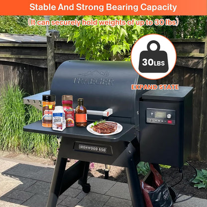 QuliMetal Folding Front Shelf for Traeger Pro 34, Texas Elite 34, Century 885 and Eastwood 34, 37" x 12" Heavy-Duty Grill Prep Table with Cutting Board, Stainless Steel Basin, Lid and 5 Hooks