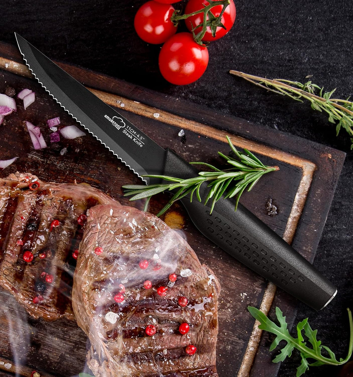 Amorston Steak Knives, Steak Knives Set of 8, Stainless Steel Steak Knife Set, Serrated Knives Dishwasher Safe, Elegant Black Mothers Day Gifts for Women