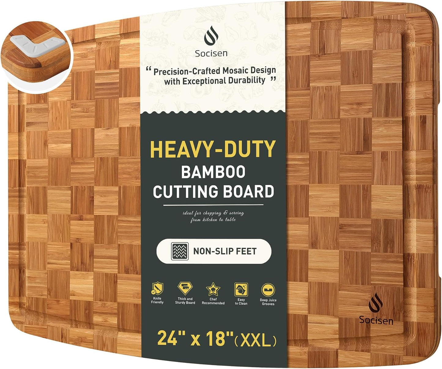 3 Pack Bamboo Cutting Board Set Non Toxic Wooden Cutting Board for Kitchen Non Slip Solid End Grain Thick Wood Juice Groove Chopping Board Edge Grain Teak Smart Marble Flexible Round Stone Metal