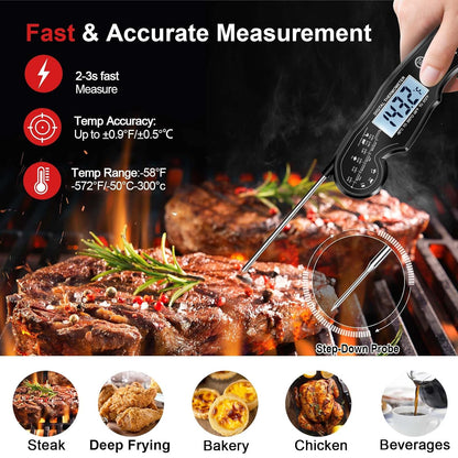Meat Thermometer Digital for Grilling and Cooking - ANDAXIN Waterproof Ultra-Fast Instant Read Food thermometers with Backlight & Calibration for Kitchen, Deep Fry, BBQ, Grill(Red/Black), LCD