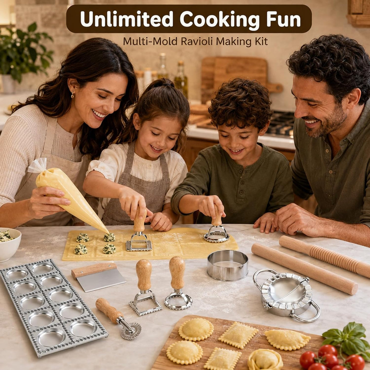 11 Pieces Ravioli Mold Set, Easy-to-Use Ravioli Maker Press with Ravioli Cutter Wheel, Pasta Cutter & Ravioli Making Kit, Wooden Pasta RollerPasta Making Tools for home，pasta lover