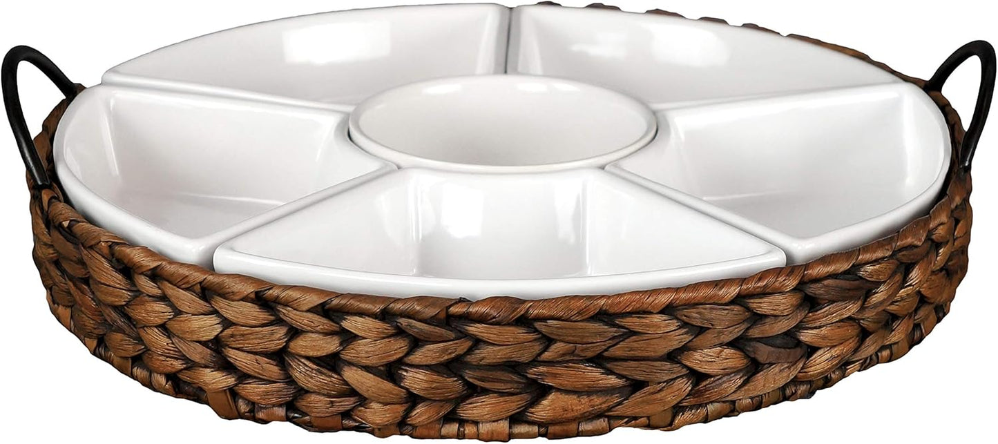 Ceramic Serving Tray, Food Tray 15.5 x 15.5 Inches,Divided Serving Platter with 6 Removable Dishes, Portable Handle Cattail Serving Bowls,Perfect for or Chips and Dip,Natural