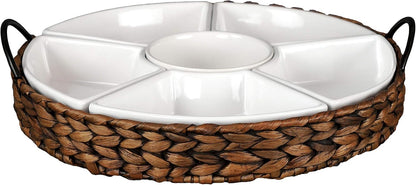 Ceramic Serving Tray, Food Tray 15.5 x 15.5 Inches,Divided Serving Platter with 6 Removable Dishes, Portable Handle Cattail Serving Bowls,Perfect for or Chips and Dip,Natural