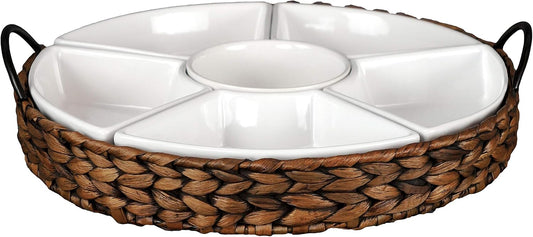 Ceramic Serving Tray, Food Tray 15.5 x 15.5 Inches,Divided Serving Platter with 6 Removable Dishes, Portable Handle Cattail Serving Bowls,Perfect for or Chips and Dip,Natural