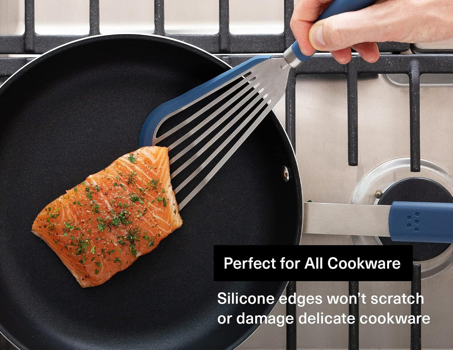 Misen Fish Stainless Steel Spatula - Slotted Turner for Cooking - Perfect for Frying - Heat Resistant - Dishwasher Safe -1mm Thick Flexible Flipper - Soft Silicone Grip Handle for Easy Use