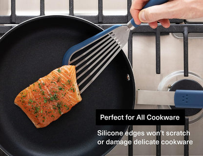 Misen Fish Stainless Steel Spatula - Slotted Turner for Cooking - Perfect for Frying - Heat Resistant - Dishwasher Safe -1mm Thick Flexible Flipper - Soft Silicone Grip Handle for Easy Use
