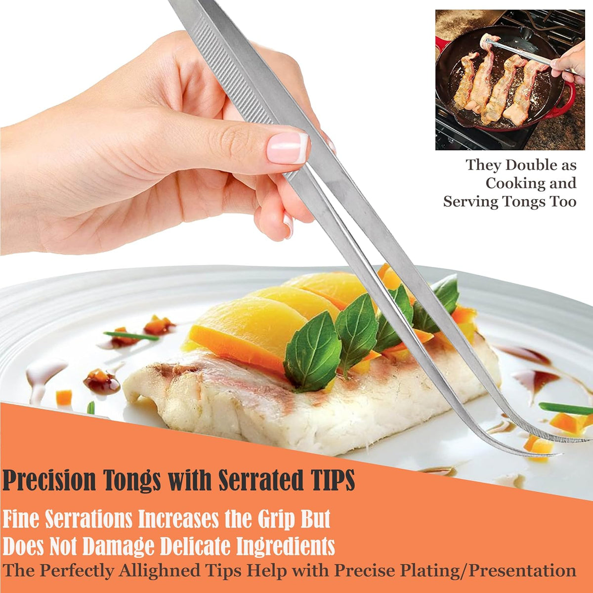 A2Z Cooking Tweezer Straight and Curved Tong Set, Tongs Precision Serrated Tips, Stainless Steel Professional Chef Tweezer Kitchen Tools for BBQ, Plating and Serving (Set of 2-10")