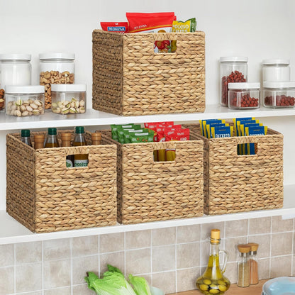 eHemco Trapezoid Woven Hyacinth Wicker Pantry Storage Baskets with Iron Wire Frame, 13.25"x9"x7/3.5", Natural, Set of 2