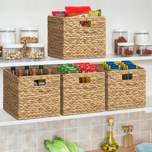 eHemco Trapezoid Woven Hyacinth Wicker Pantry Storage Baskets with Iron Wire Frame, 13.25"x9"x7/3.5", Natural, Set of 2