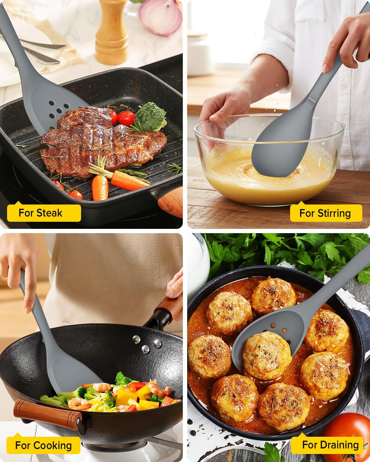 Silicone Cooking Utensils Set, 9 Pcs Heat Resistant Kitchen Utensils with Back Hooks, BPA Free Kitchen Tools with Spatulas, Spoons, Skimmer and Pasta Fork for Non Stick Cookware(KHAKI)