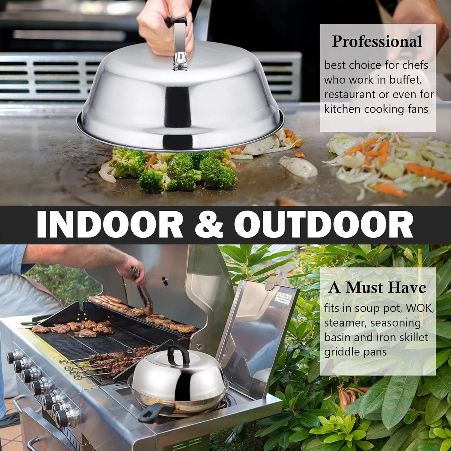 HaSteeL Cheese Melting Dome Set of 2, 12 Inch Round Basting Cover Metal Steam Cover, Stainless Steel Griddle Accessories for Flat Top Grill/Outdoor BBQ/Kitchen Cooking