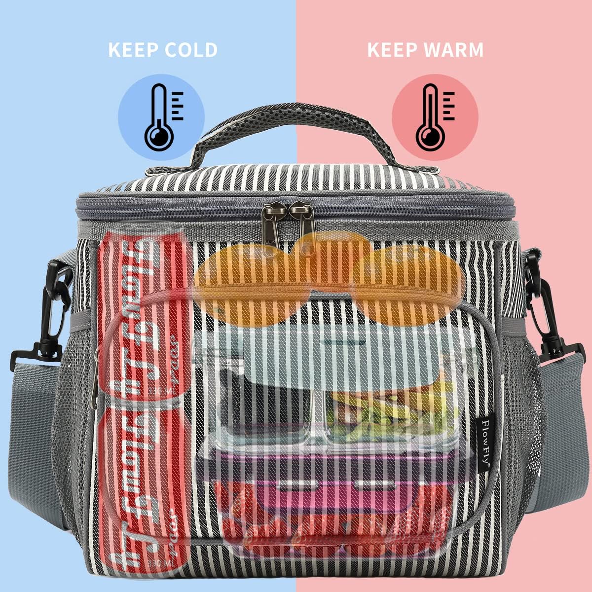 FlowFly Insulated Reusable Lunch Bag Adult Large Lunch Box for Women and Men with Adjustable Shoulder Strap,Front Zipper Pocket and Dual Large Mesh Side Pockets,Cherry - Colors A