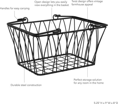 Spectrum Small Wire Basket with Handles Black Farmhouse Basket Organizer for Kitchen Bathroom Laundry Pantry Shelf Organization, Sturdy Twist Wire Metal Basket with Handle for Gifts or Storage