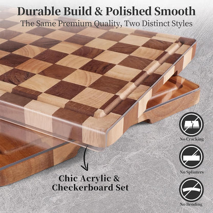 WILLKOMMEN Checkered Cutting Board Set, 3-Piece Wood Checkerboard End Grain Chopping Boards with Holder & Juice Groove Wooden Kitchen Cutting Board for Cooking and Serving (S, M, L)