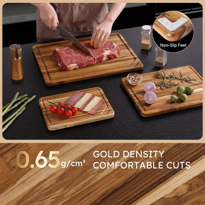 3 Pack Teak Wood Cutting Board Set with Holder Non Slip Over Sink Wooden Chopping Board for Fresh Meat Vegetable Thick Haus Perfect for Charcuterie Juice Groove Kitchen Accessories - FSC Certified