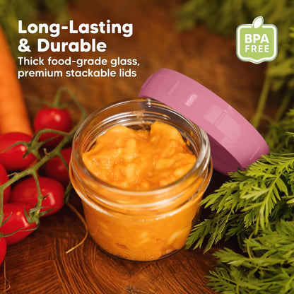 KeaBabies 12pk 4oz Glass Baby Food Containers with Lids - Leak-Proof, Microwavable Small Glass Jars, Baby Purees & Toddler Snack Storage Containers, BPA-Free, Dishwasher & Freezer Safe (Musk Dusk)