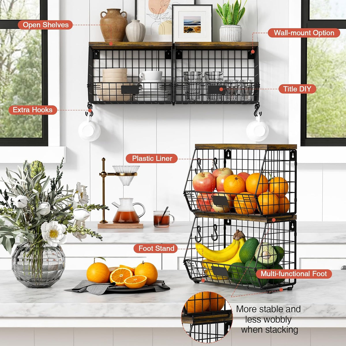 Goozii Hanging Wall Fruit Basket for Kitchen Counter 2 Pack, Stackable Wire Baskets for Organizing with Wood Lid, Potato and Onion Storage Bin with Banana Hook for Vegetable Produce, Black + Rustic
