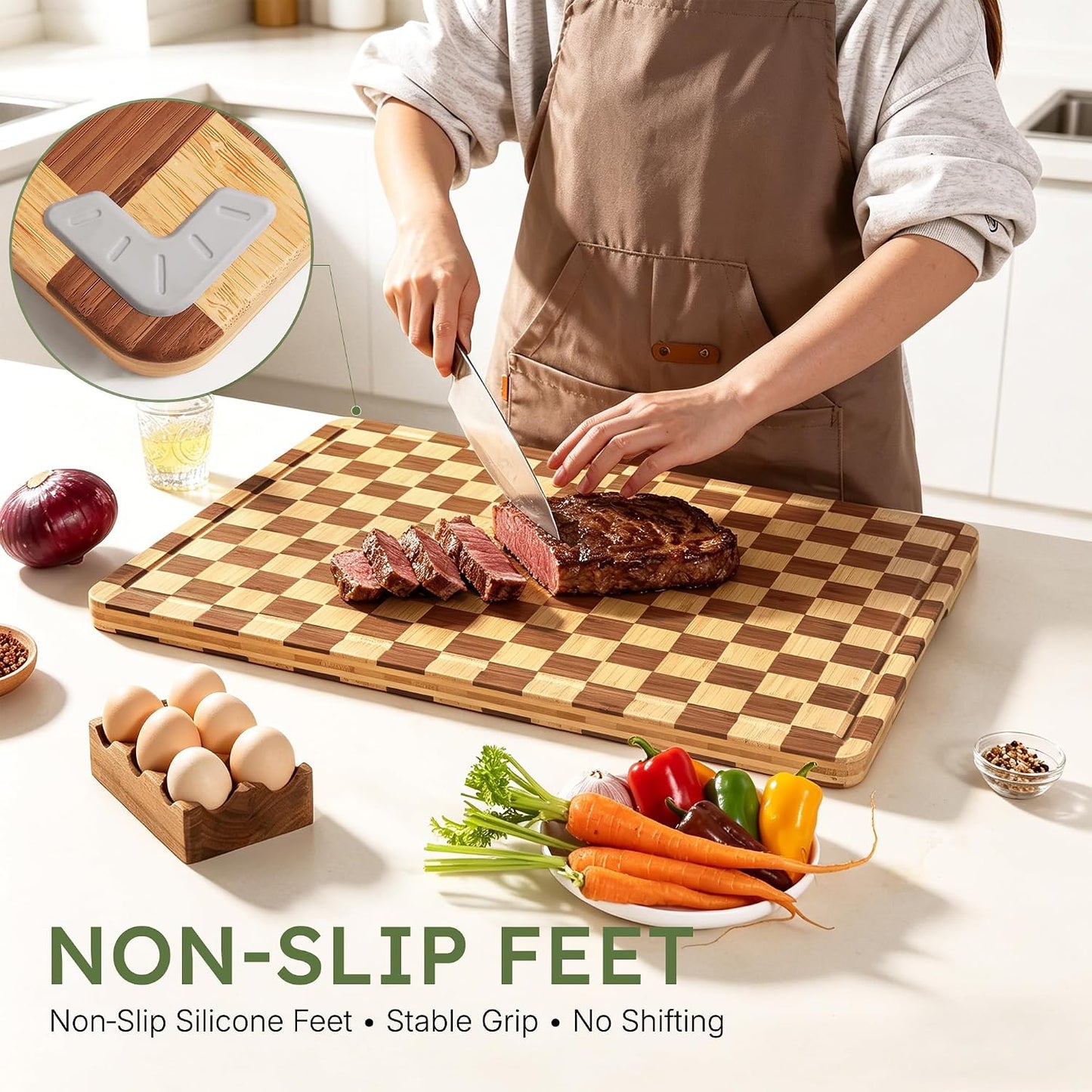 3 Pack Bamboo Cutting Board Set Checkered Wooden Cutting Board for Kitchen Non Toxic Charcuterie Board Serving Non Slip End Grain Wood Chopping Board for Meat Fruit Cheese Kitchen Housewarming Gift