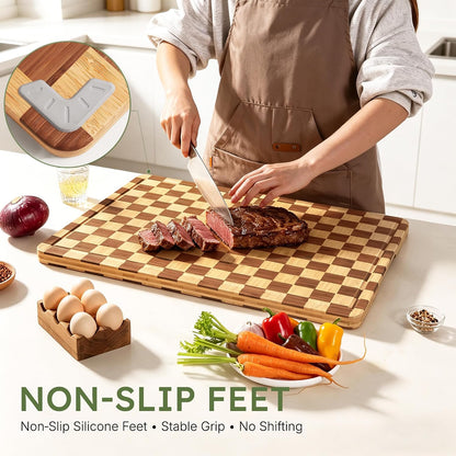 3 Pack Bamboo Cutting Board Set Checkered Wooden Cutting Board for Kitchen Non Toxic Charcuterie Board Serving Non Slip End Grain Wood Chopping Board for Meat Fruit Cheese Kitchen Housewarming Gift