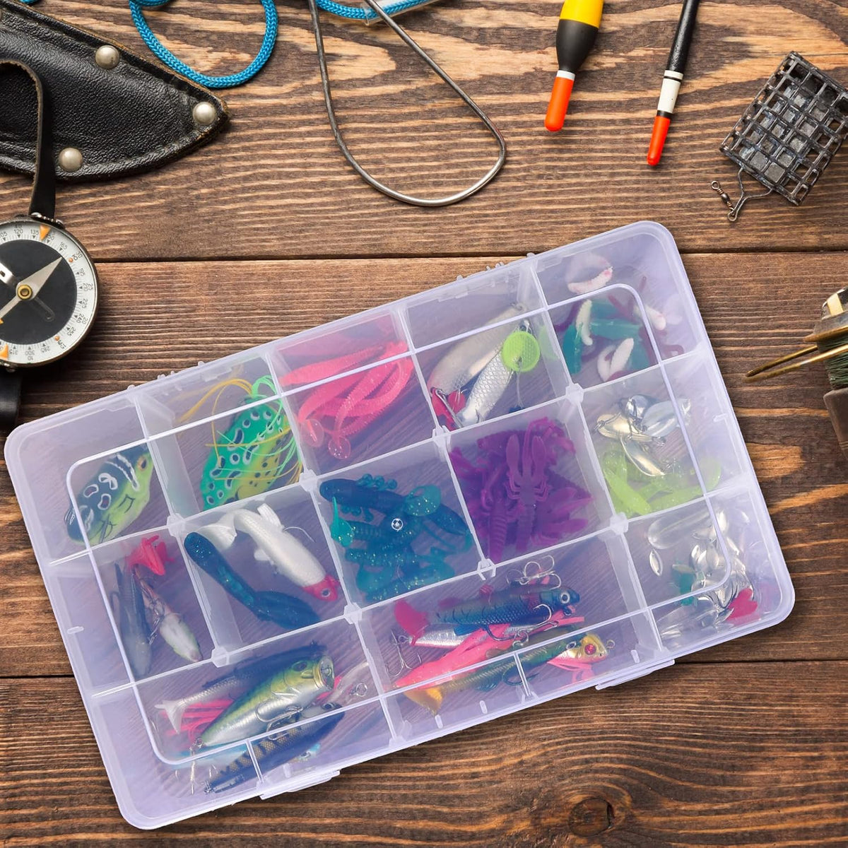 SGHUO 3 Pack 15 Grids Large Plastic Storage Organizer Box,15 Compartments with Dividers for Tackle Box, Beads, Washi Tape, Ribbon, Crafts, Art Supply 10.9X6.5X2.2inch