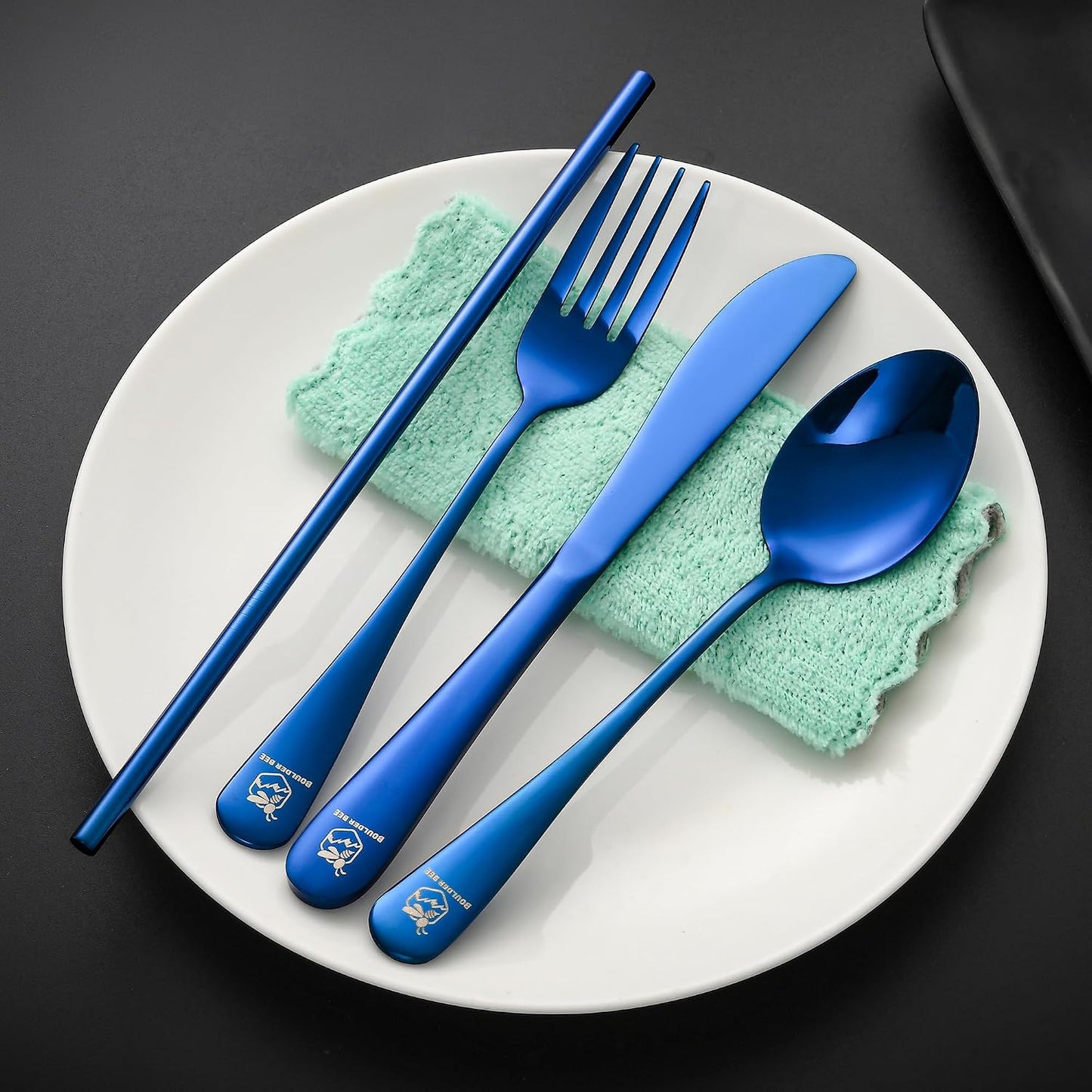 Boulder Bee | Travel Utensils Set | Reusable Camping Cutlery Set | Stainless Steel Flatware Set | Portable Silverware Set with Case | Includes Knife/Fork/Spoon/Straw/Cleaning Cloth/Case (Purple)