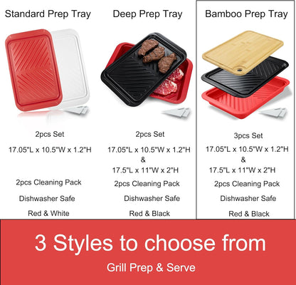KAQAHIDO Grilling Prep and Serve Trays, BBQ Platter for Raw Meat Marinating and Finished Cooked Food, Melamine Serving Tray, Set of 2, Cleaning Pack Included