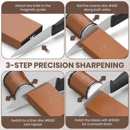 Rolling Knife Sharpener Kit with 5 Total Magnetic Snap-On Discs
