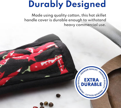 New Star Foodservice Commercial-Grade Hot Skillet Handle Cover Holder, Red Peppers Pan Cotton Handle Sleeve, Heat Resistant and Machine Washable, Set of 6